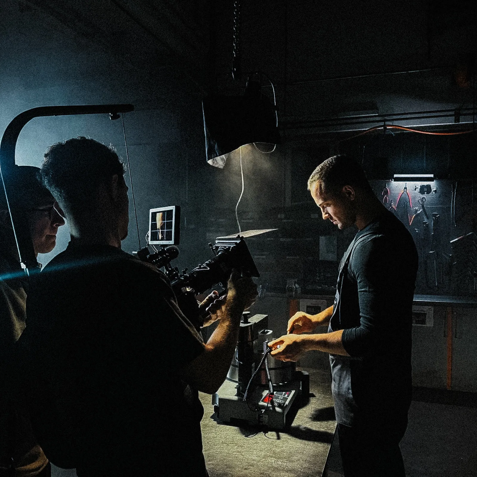 Wenig Licht in einer Werkstatt: Eine Kamera am Tragarm filmt einen Mann an einer Maschine, darüber hängt eine Softbox