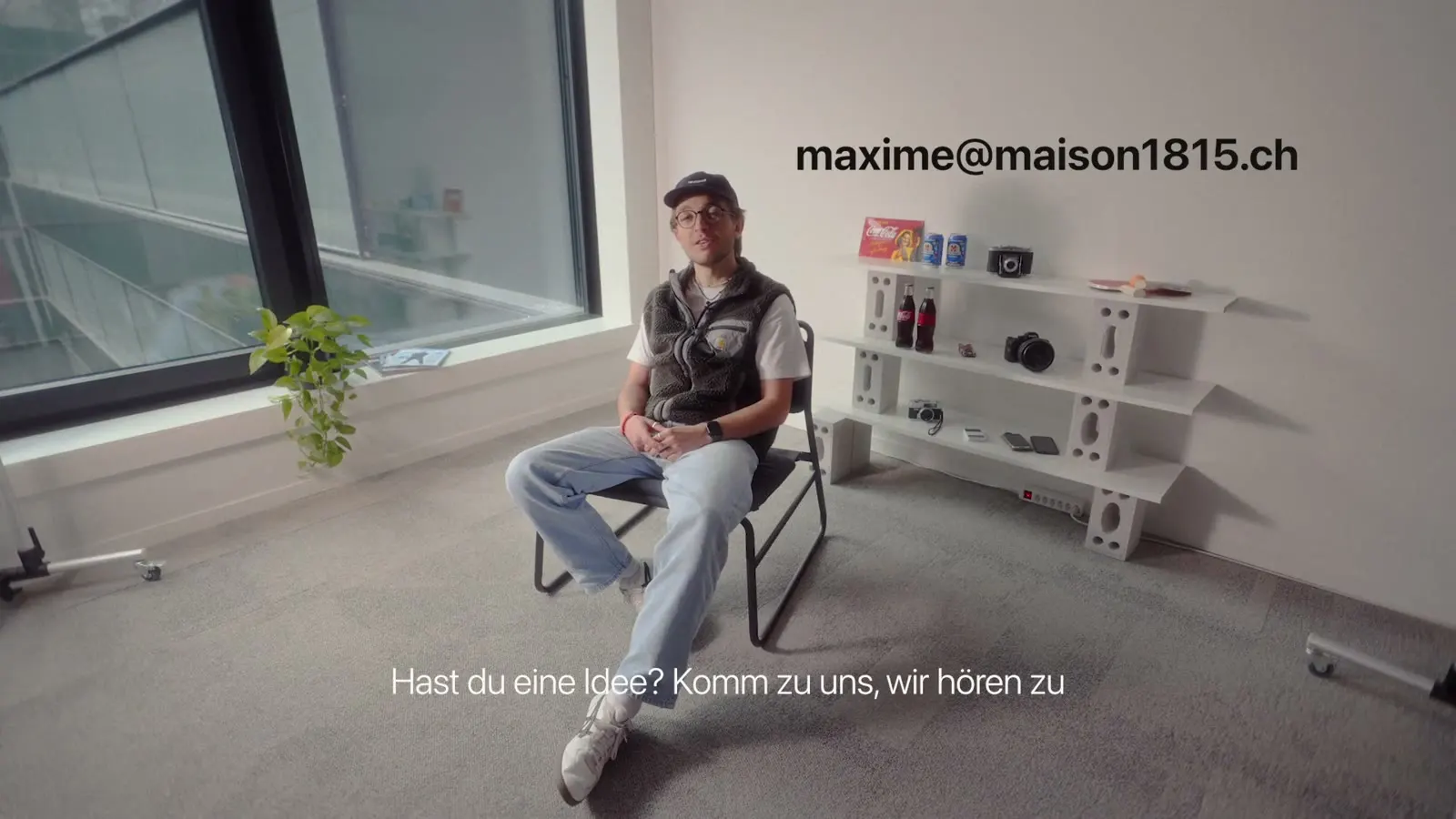 Schlussbild mit der Mailadresse maxime@maison1815.ch und der Einladung Hast du eine Idee